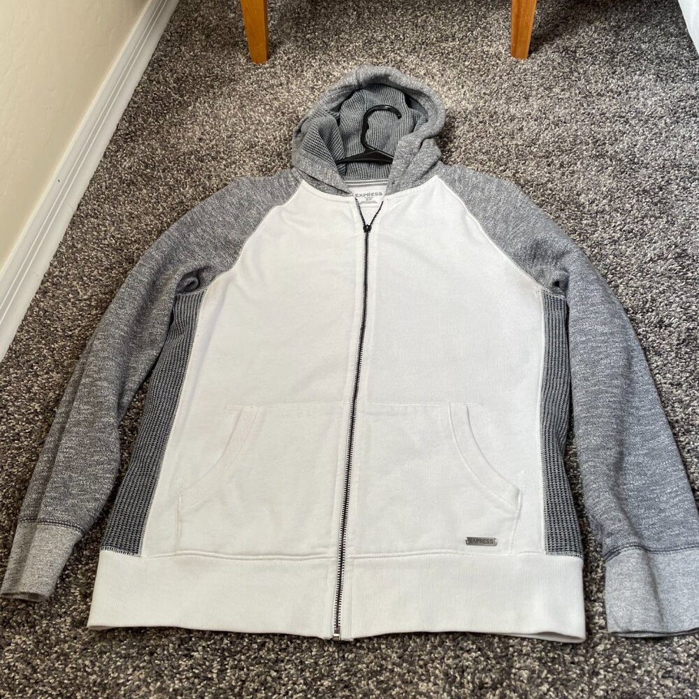 Express Zip Up Fleece Sweatshirt Hooded White/Grey Small
